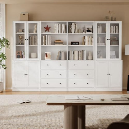 TUSY 71" H Bookcase with Storage | 6-Tier Modern Bookshelf with Drawers, Display Bookcase with Glass Doors, White Curio Cabinet for Home Office, Living Room - color: White