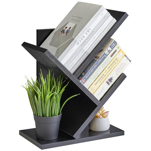 YMYNY 2 Tier Tree Bookshelf, Small Bookcase, Modern Wood Book Storage Rack Organizer, Freestanding Book Shelf for Books/Movies/CDs, Display Rack for Bedroom, Home Office, Black UHBC012B - color: Black, size: 15.94" | 2-Tier