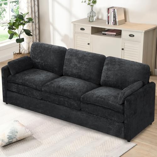 89" Chenille Soft Sofa w/Well-Filled Backrests, Black | Modern Couch w/Plump Pillows, 3 Seater Upholstered Couch w/Thick & Comfy Cushions for Living Room, Bedroom - color: Black, size: Sofa