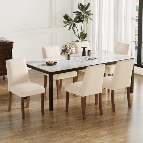 Dining Chairs Set of 6, Parsons Chairs for Small Spaces, Beige | Modern Dining Room Chairs with Solid Wooden Legs, Fabric Upholstered Kitchen Chairs for Restaurant & Cafe - color: Beige, size: Set of 6
