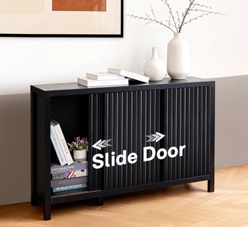 ZYBT Fluted Sideboard Buffet Cabinet with Storage, Modern Credenza Buffet Sideboards Bar Cabinet Console Table with Adjustable Shelves Slide Door for Living Room Hallway Kitchen Entryway (Black) - style: 3Door Black