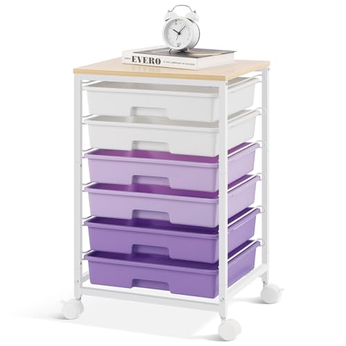 Sykiariol Rolling Cart with 6 Drawers,Purple | Utility Cart with Lockable Wheels and Wooden Tabletop for Under Desk Storage,Teacher Cart for Classroom - color: Purple, size: 6 Drawers