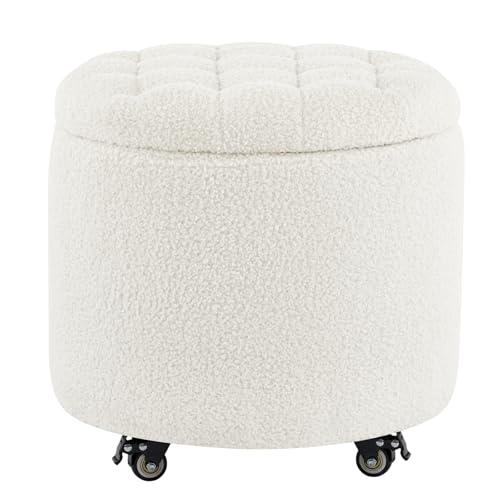 Modern Round Storage Ottoman with Wheels,Button Tufted Ottoman Footstool Ottomans with Removable Lid Storage Footstool for Living Room, Bedroom, Makeup Room, Faux Fur, White - color: White-2