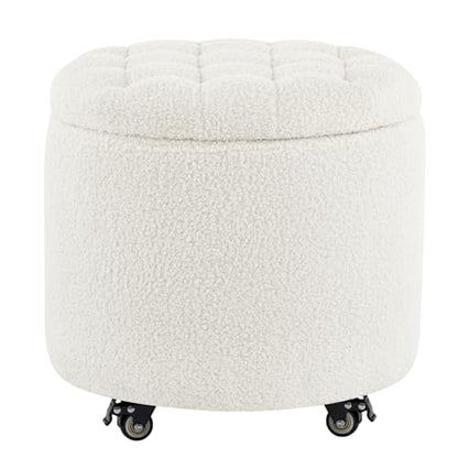 Modern Round Storage Ottoman with Wheels,Button Tufted Ottoman Footstool Ottomans with Removable Lid Storage Footstool for Living Room, Bedroom, Makeup Room, Faux Fur, White - color: White-2