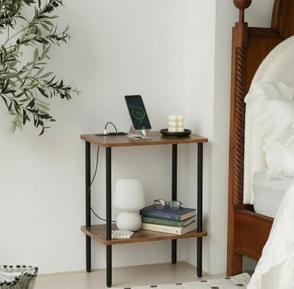 FORAOFUR End Table with Charge Station, Small End Tables Living Room, Nightstand with 2 Tier Storage Shelves for Small Spaces, Living Room, Bedroom, Sofa End Table Rustic Brown - color: Rustic Brown