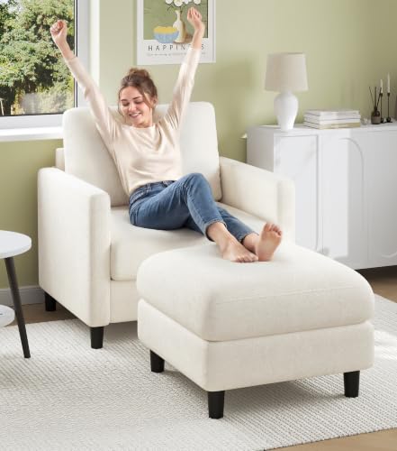 Welzona Sofa Accent Chair with Ottoman, 33" Teddy Reading Chair and Ottoman | Comfy Teddy Fabric, Tool-free Setup, Washable Covers, All-wood Chair and Ottoman Sets for Living Room, Bedroom, Beige - color: Beige, size: standard & ottoman