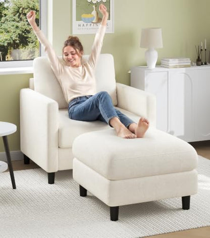 Welzona Sofa Accent Chair with Ottoman, 33" Teddy Reading Chair and Ottoman | Comfy Teddy Fabric, Tool-free Setup, Washable Covers, All-wood Chair and Ottoman Sets for Living Room, Bedroom, Beige - color: Beige, size: standard & ottoman