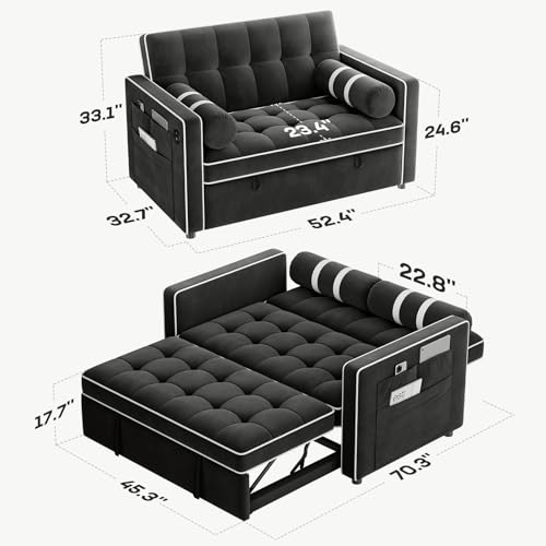 Marsail 3-in-1 Convertible Futon Sleeper Sofa Bed, Pull Out Couch with Adjustable Backrest, USB Charging & Side Pockets, Velvet Fabric Sofa for Living Room, Apartment, Loveseat, Dark Black - color: Dark Black