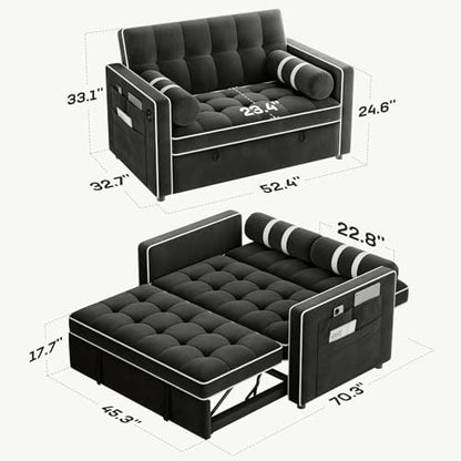 Marsail 3-in-1 Convertible Futon Sleeper Sofa Bed, Pull Out Couch with Adjustable Backrest, USB Charging & Side Pockets, Velvet Fabric Sofa for Living Room, Apartment, Loveseat, Dark Black - color: Dark Black