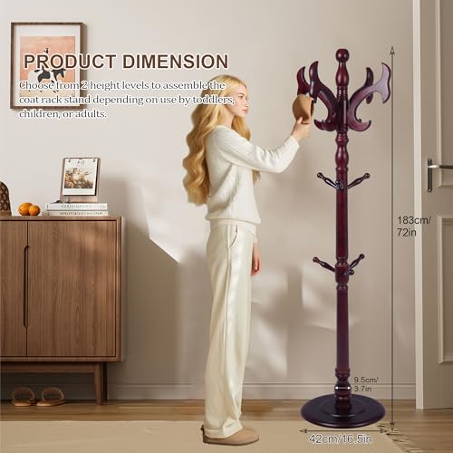Wooden Coat Rack Freestanding with 14 Hooks, Adjustable Height Coat Tree Free Standing Heavy Duty for Entryway, Easy Assembly Solid Wood Sturdy Coat Hats Hanger Stand for Office Hallway Bedroom - color: Redwood-Solid Wood Hook B