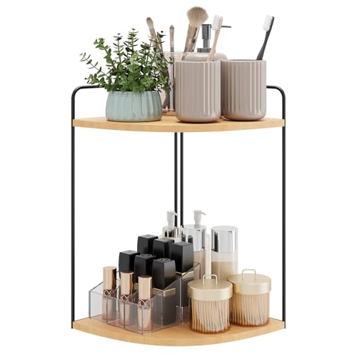 Bathroom Counter Organizer, Vanity & Makeup Countertop Organizer | Corner Bathroom Counter Organizer, Bathroom Sink Organizer, Bathroom Counter Shelf, Countertop Organizer, Corner Desk Shelf - color: Black-burlywood 2 Tier