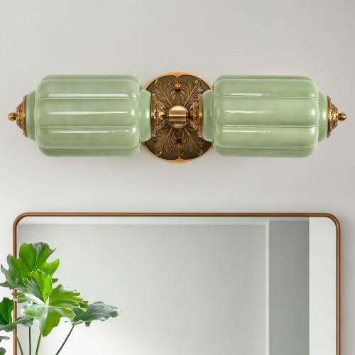 Green Glass Vintage Bathroom Vanity Light, 2-Light Wall Sconce | 22.4 Inch, LED Bulbs Included, Even Glow, Retro Brass Base, Vertical or Horizontal Mounted Wall Sconces for Bathroom Bedroom - color: Retro Gold & Green 1 Pack