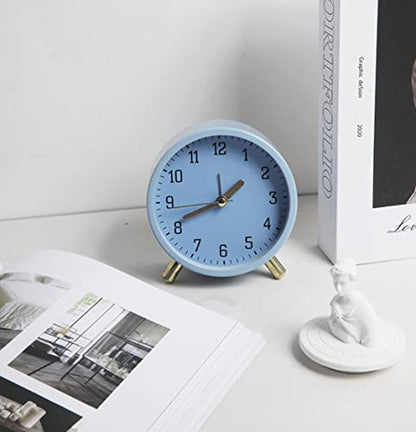 SHISEDECO Small Analog Alarm Clock, Battery Operated Desk Clock, Blue | Bedside Analog Non-Ticking Silent Small Deskclock Battery Operated for Living Room, Bedroom, Office - color: Blue