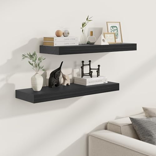 Fun Memories 9 Inch Deep Black Floating Shelves, Farmhouse Rustic Natural Wood Floating Shelf Wall Mounted, 30 x 9 Wall Shelves Set of 2, Deep Black Bathroom Shelves - color: Black, size: 30"W x 9.3"D