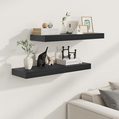 Fun Memories 9 Inch Deep Black Floating Shelves, Farmhouse Rustic Natural Wood Floating Shelf Wall Mounted, 30 x 9 Wall Shelves Set of 2, Deep Black Bathroom Shelves - color: Black, size: 30"W x 9.3"D
