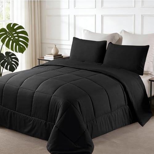 Exclusivo Mezcla Reversible Soft California King Comforter Set, 3 Pieces | Black Lightweight Microfiber Down Alternative Comforters, All-Season Bedding with 2 Pillow Shams - color: Black, size: Cal King(104''x96'')