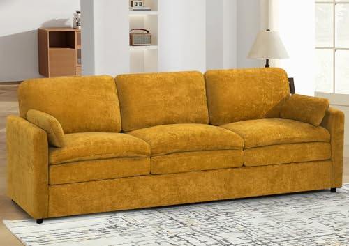 89" Chenille Soft Sofa w/Well-Filled Backrests, Yellow | Modern Couch w/Plump Pillows, 3 Seater Upholstered Couch w/Thick & Comfy Cushions for Living Room, Bedroom - color: Yellow, size: Sofa