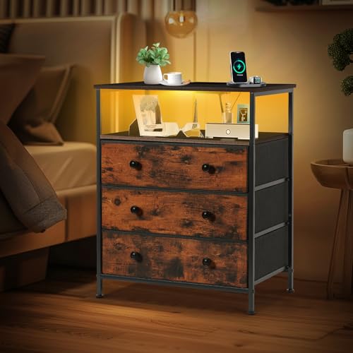 3-Drawer LED Nightstand with Charging Station, Rustic Brown | Engineered Wood and Steel, 2 AC and 2 USB ports, 24 Inch Wide, RGB App Control, Fabric Drawers, Open Storage Shelf - color: Rustic Brown