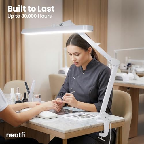 Neatfi XL 2,500 Lumens 30W LED Task Lamp for Manicure Table, Crafts, Workbench, Office – 22” Wide Shade Desk Light | Eye-Caring 6500K | 4-Level Brightness (White, Non-CCT with Clamp) - color: White