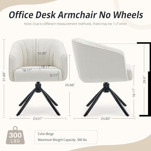 Swivel Desk Chair No Wheels Modern Upholstered Vanity Chairs Stationary | Comfy Dining Chairs with Mid Back Computer Task Chair Swivel Accent Arm-Chair for Home Office/Vanity/Bedroom, Beige - color: Beige