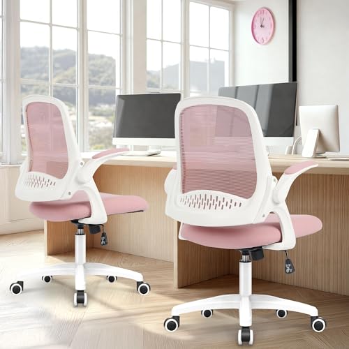 NEO CHAIR Office Desk Chair, Ergonomic Mesh with Flip-Up Armrests, Pink | Lumbar Support, Height Adjustment, 360° Swivel and Rolling Base, Space-Saving Design for Home Office, Vanity or Study - color: Pink