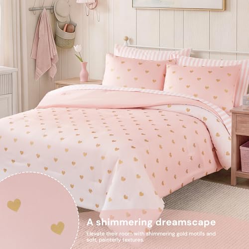 Twin Comforter Set with Sheets for Girls-5 Pieces Pink Twin Bedding Sets | Soft Bed in a Bag, Lightweight Comforter with Pillowcases & Shams, Gold Foil Hearts , 66" X 86" - color: Gold Heart, size: Twin