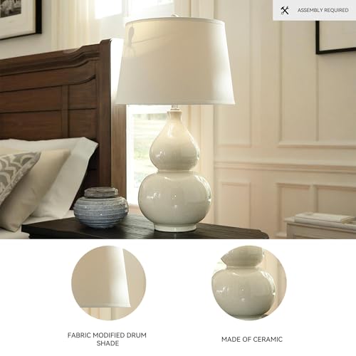 Signature Design by Ashley Saffi 30" Tall Ceramic Table Lamp, Cream | Textured crackle glaze ceramic base, Adjustable 3-way switch for custom ambiance, Light-diffusing fabric drum shade - style: Saffi