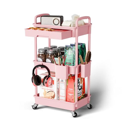 Sorgion 3 Tier Rolling Cart Organizer,Laundry Room Bathroom Organizers and Storage Office Shelves Mobile Shelving Unit Kitchen Trolley Cart with Wheels for Art,Craft,Diaper,Bedside,Snack(Pink) - size: 3Tier-Pink
