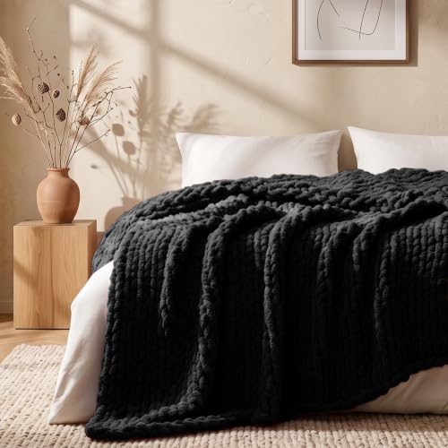 L'AGRATY Chunky Knit Throw Blanket for Couch, 50'' x 70'' Knit Throw, Black | Handmade Chenille Crochet Blanket for Sofa Bed, Thick Cable Knitted Blankets for Room Home Decor, Birthday Gift for Women Mom - color: Black, size: 50"x70"