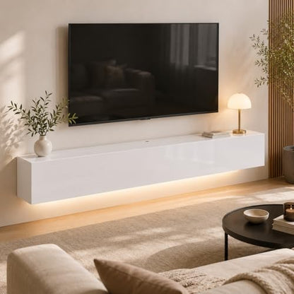 63" Floating TV Stands for Living Room w/ Storage, LED Entertainment Center | Fits TVs up to 70", Glossy Front, Hidden Storage, Wall Mounted, Cable Management, RGB LED, Easy to Clean, Modern Style - color: White
