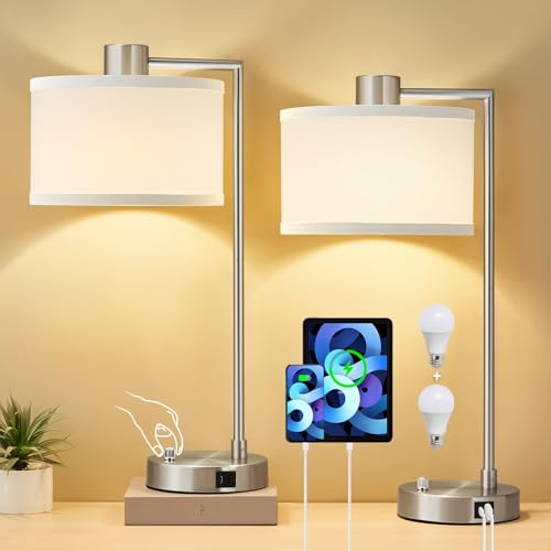 Silver Table Lamp Set of 2, Dimmable Bedside Lamps for Night Stand, USB A+C | Nightstand Lamp with Linen Lampshade, 2 LED Bulbs Included, Desk Lamp for Bedroom, Living Room, End Table, Reading , Office - color: Silver