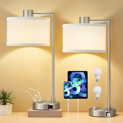 Silver Table Lamp Set of 2, Dimmable Bedside Lamps for Night Stand, USB A+C | Nightstand Lamp with Linen Lampshade, 2 LED Bulbs Included, Desk Lamp for Bedroom, Living Room, End Table, Reading , Office - color: Silver