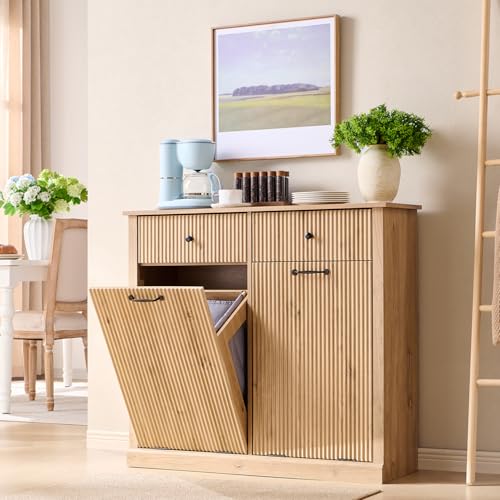 IFGET Double Tilt-Out Trash Cabinet, Laundry Hamper Cabinet, Natural Oak | 20 Gallon Modern Fluted Laundry Hamper Cabinet with 2 Drawers,Wooden Hidden Garbage Can Cabinets w/Storage Basket for Kitchen - color: Natural Oak, size: Double Door
