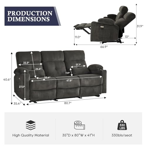 80'' Power Reclining Sofa with Heat and Massage, Electric Reclining Couch with Extended Footrest, Wall Hugger 3-Seater Recliner Sofa with USB Ports, Cup Holders for Living Room - color: Grey, size: Sofa