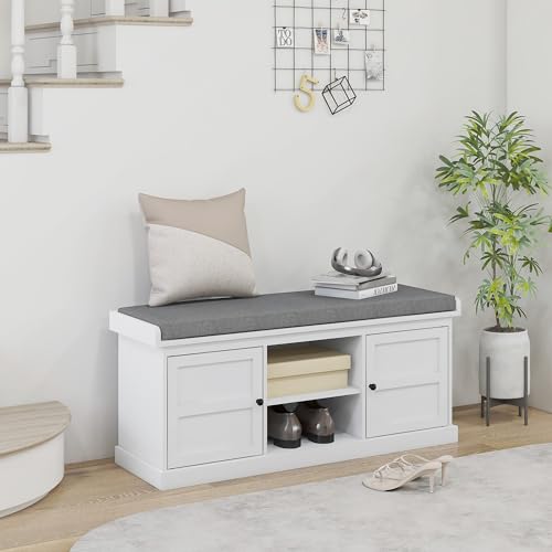 HOMCOM Shoe Bench with Cushion Storage Bench for Entryway White | Padded Seat, 2 Cabinets, Adjustable Shelf, for Hallway Living Room Bedroom