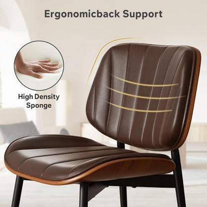 Dining Chairs Set of 2, Mid Century Modern Dining Room Chair, Upholstered Faux Leather Kitchen Chairs with Walnut Bentwood Back and Metal Legs for Kitchen Dining Living Room, Coffee - color: Coffee, size: Set of 2