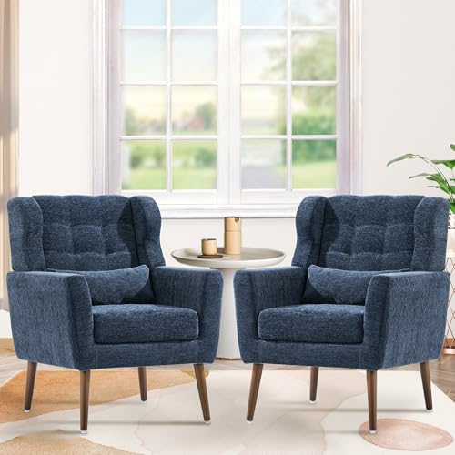 Accent Chair Set of 2, Upholstered Armchair with Pillow, Fabric Single Sofa Chair with Lounge Seat and Wood Legs Accent Chair for Living Room Small Spaces (Dark Blue, Set of 2) - color: Dark Blue, size: Set of 2