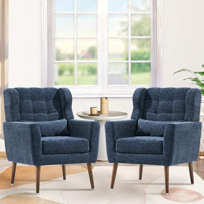Accent Chair Set of 2, Upholstered Armchair with Pillow, Fabric Single Sofa Chair with Lounge Seat and Wood Legs Accent Chair for Living Room Small Spaces (Dark Blue, Set of 2) - color: Dark Blue, size: Set of 2