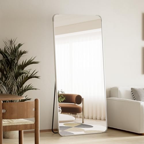 BEAUTYPEAK 71" x 26" Rounded Corner Full Length Mirror with Stand, Silver | Aluminum Alloy Frame with Standing, Leaning, or Wall-Mounted, Ideal for Bedroom, Dressing Room, Entryway, and Living Room - color: Silver, size: 71"L x 26"W