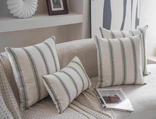 Cethom Boho Throw Pillow Covers 12x20 Set of 2, Olive Green Striped Decorative Pillow Cases for Couch Chair Bed, Textured Farmhouse Modern Accent Cushion Covers for Living Room Bedroom Sofa Home Decor - color: Olive Green, size: 20" x 12" (Pack of 2)