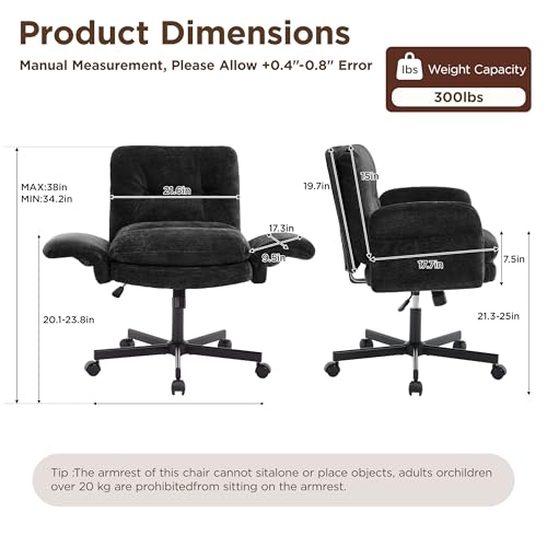 FiveWillowise Cross Legged Office Chair with Flip-up Arms&Low Back,Black | Criss Cross Chair With Thicken Wide Seat,Lounge Makeup Vanity Chairs with Side Pockets,Comfy Home Office Desk Chair,Chenille - color: Black