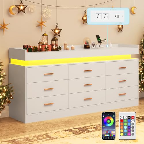 jiteentarou 9 Drawer Dresser with Charging Station and LED Lights, Modern Chest of Drawers with Power Outlet, Organizer Cabinet for Bedroom, Living Room, Entryway, White - color: White, size: 15.7"D x 63"W x 31.5"H (9 Drawers)