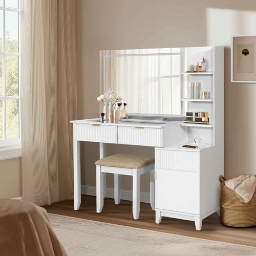 Vanity Desk with Stool, Mirror and Lights 3 Color, Makeup Vanity with Power Outlet, Dressing Table with Drawers, Storage Shelves, Adjustable Brightness, White - color: White