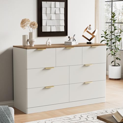 7 Drawer Dresser for Bedroom, 47.2" Wide Modern Chest of Drawers with 7 Large Storage Space with Curved Edge Design, Large Dresser w/Gold Metal Handles for Bedroom, White& Brown - color: White & Brown, size: 15.7"D x 47.2"W x 31.5"H (7 Drawers)