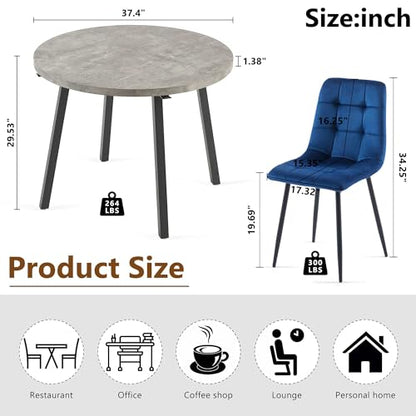 Homedot 5-Piece Round Dining Table Set for 4, Grey Engineered Wood Coffee Breakfast Table with Hooks, 4 Soft Velvet Kitchen Dining Chairs, Metal Legs - color: Navy Blue, size: 1* Grey Round Table+4*Chair