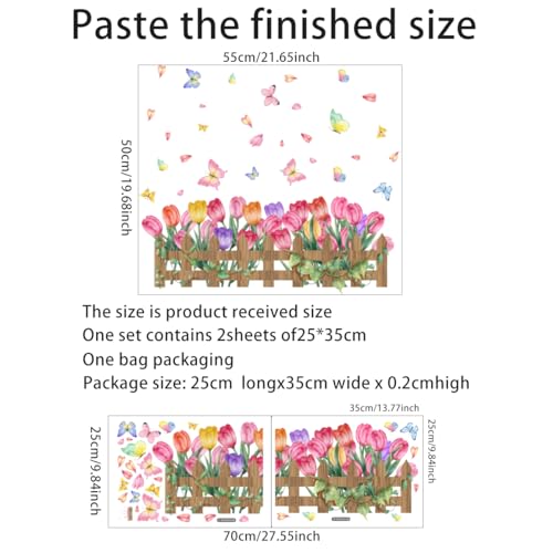 2 Pieces Tulips Wall Decals Vinyl Flowers Wall Stickers Removable Floral Art Murals Peel and Stick Colorful Tulips Fence Butterfly Decor for Girls Bedroom Living Room Nursery - style: Tulip