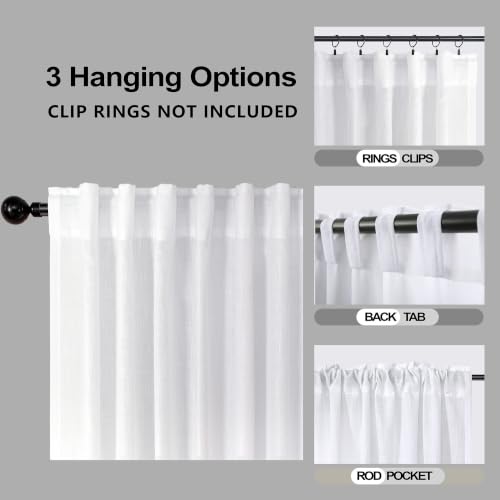 White Back Tab Linen Blend Sheer Curtains for Living Room 42x84 Inch Length - color: White, size: 42"W x 84"L (Pack of 2)