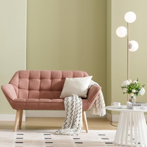 48”Small Loveseat Sofa, Modern Linen Upholstered Mini Couch 2-Seater Fluffy Love Seat with Quilting Backs and Wood Legs for Small Space Living Room, Bedroom, Pink - color: Pink, size: Loveseat