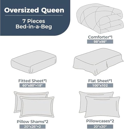 7-Piece Oversized Queen Comforter Set, Beige | Reversible, All-Season, Soft, 7 Piece Set, All-Season Reversible Bed in a Bag, Flat Sheet, Fitted Sheet, Pillowcases - color: Beige, size: Oversized Queen