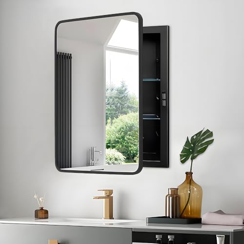 22x30 Medicine Cabinet with Mirror, Bathroom Storage Cabinet Mirror | Wall-Mounted or Recessed, Black Metal Frame, Adjustable Glass Shelves, Bathroom Vanity Mirror with Storage - size: 22x30